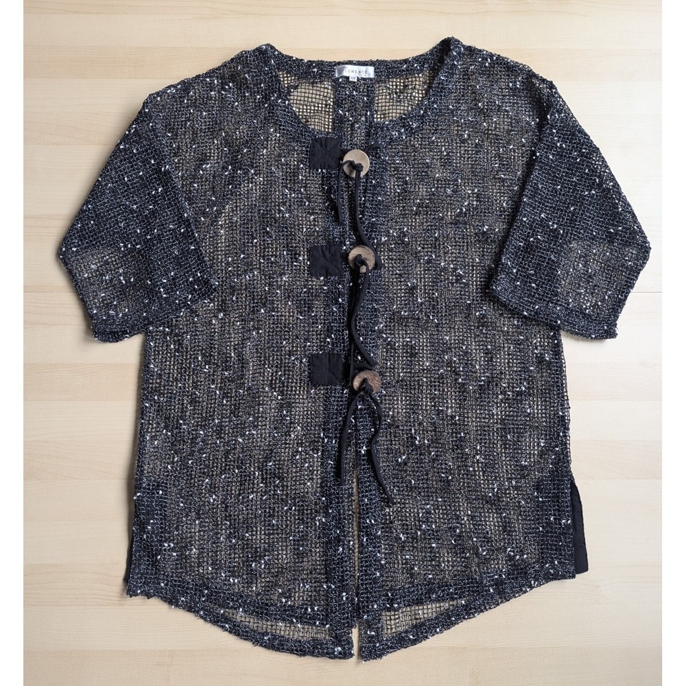 New Florence Collection Art To Wear Artsy LARGE Button Sheer Mesh Black Cardigan